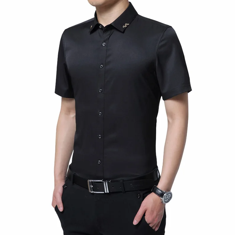 Nisexper мужские рубашки Новинка года Модные мужские короткий рукав Slim Fit хорошее качество Однотонная повседневная обувь деловая рубашка большие размеры 5XL - Цвет: Черный