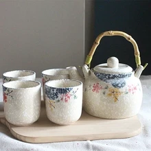 Набор керамических чайников, чайник с прямыми чашками, расписанный Снежный чайник с ручкой из ротанга