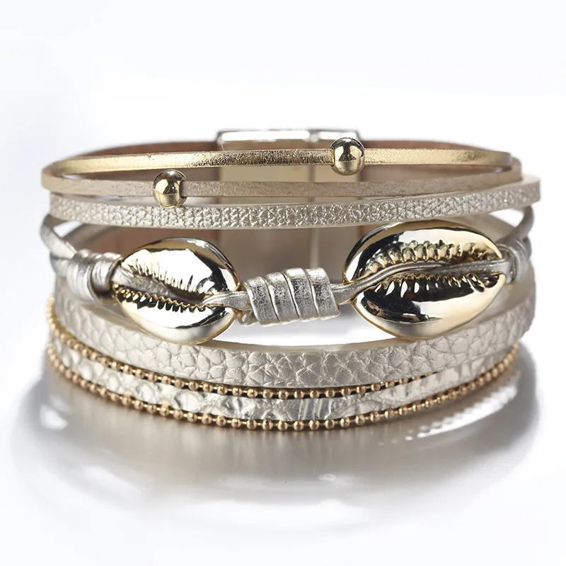 Amorcome металлический корпус Очаровательные кожаные браслеты для женщин модные богемные Многослойные широкий браслет обруча женские ювелирные изделия - Окраска металла: Gold