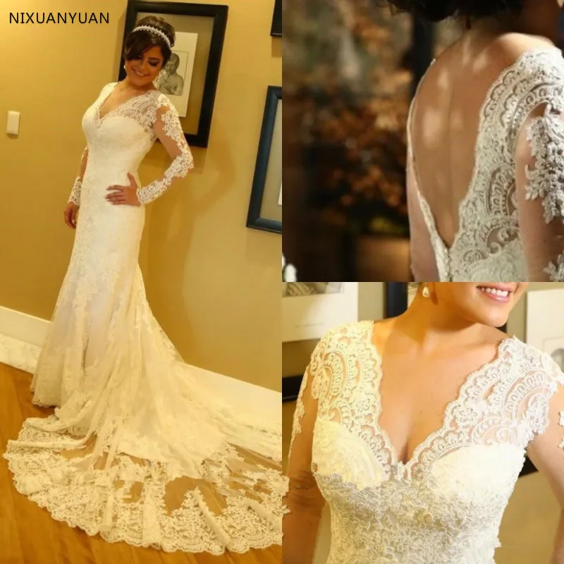 

2019 African Lace Mermaid Wedding Dresses Long Sleeves V-neck Court Train Bridal Gowns Plus Size Wedding Gown Vestido De Novia