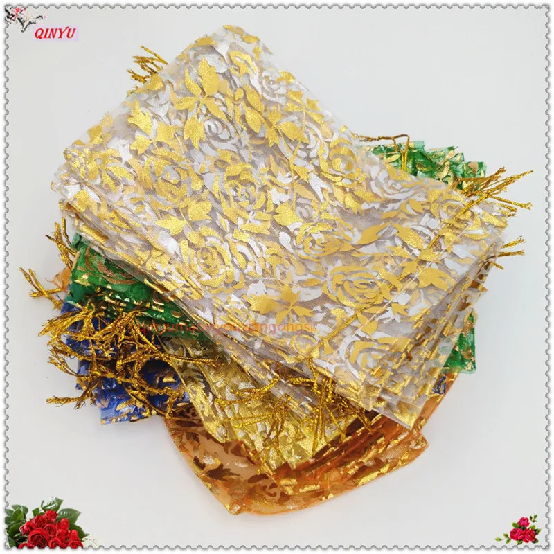 

Gilding roses Organza Jewelry Bags 100pcs 7x9 9x12 11x16 13x18 15x20cm Wedding Party Decoration Favors candy Gift Pouches 6z