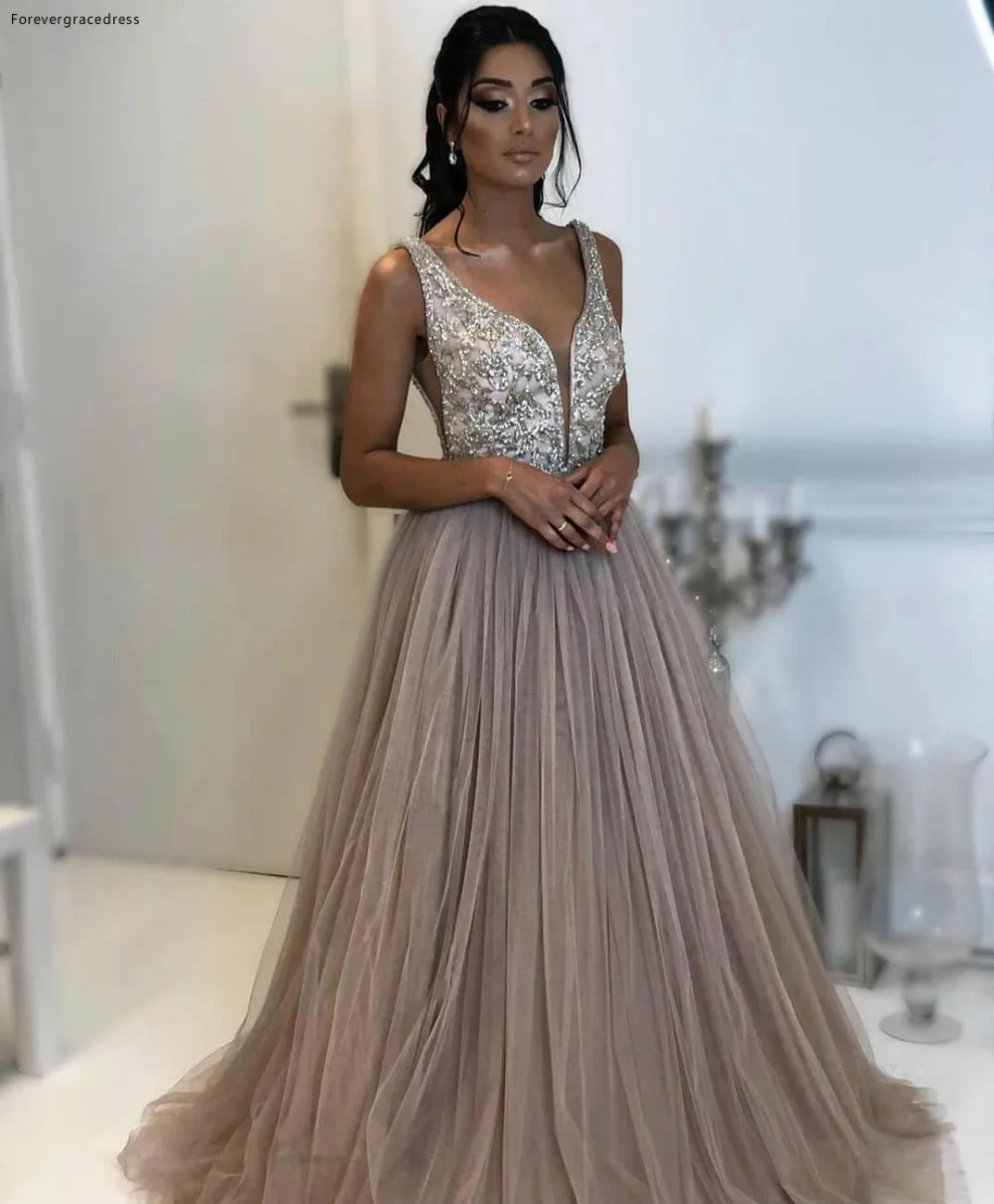 Gray Evening Dresses Beads Sequins Top A Line Plunging Neck Tulle Long Vestidos Women Occasion Prom Party Gowns BC1170  148 (6)