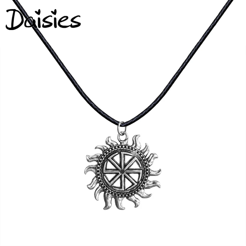 Antique Silver Punk Unique Round Kolovrat Amulet Fire Rope Chain Slavic Pendant Necklace Christmas Jewelry Gift for Men Women