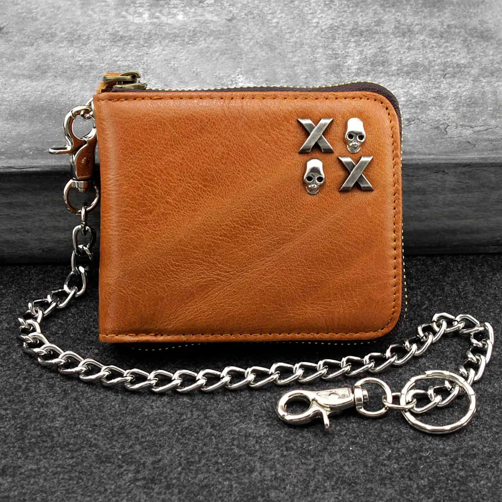 Luxury Genuine Leather Men's Wallet Zipper Around Coin Purse With Chain
