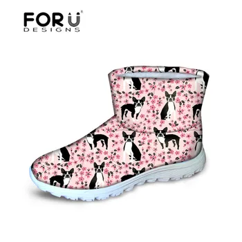 

FORUDESIGNS Women's Winter Boots Boston Terrier Pattern Flats Ladies Shoes Winter Snow Boots Ankle Slip-on Footwear High Quality