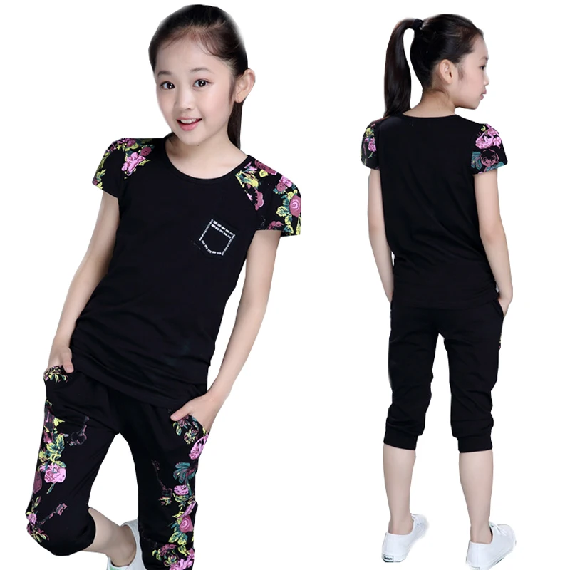 

2019 girls summer short sleeve sports suit clothes set for girl Children's Print clothing sets 4 6 7 8 9 10 12 13 14 years old