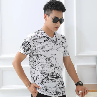 

Hot Summer 2019 New arrival fashion casual short sleeve t shirt Geometric pattern digital printing quality silk t shirt men