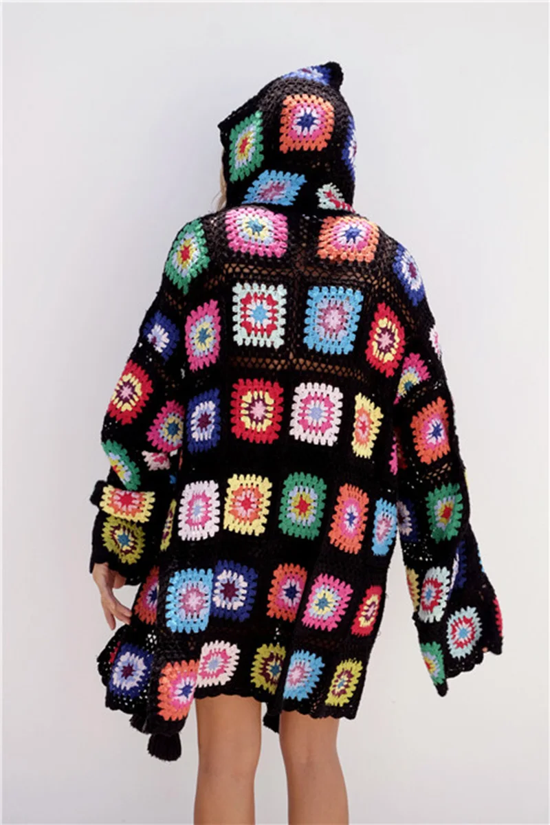 

Nepal style colorful check knitted hollow out belt hooded long cardigan 2019 autumn winter