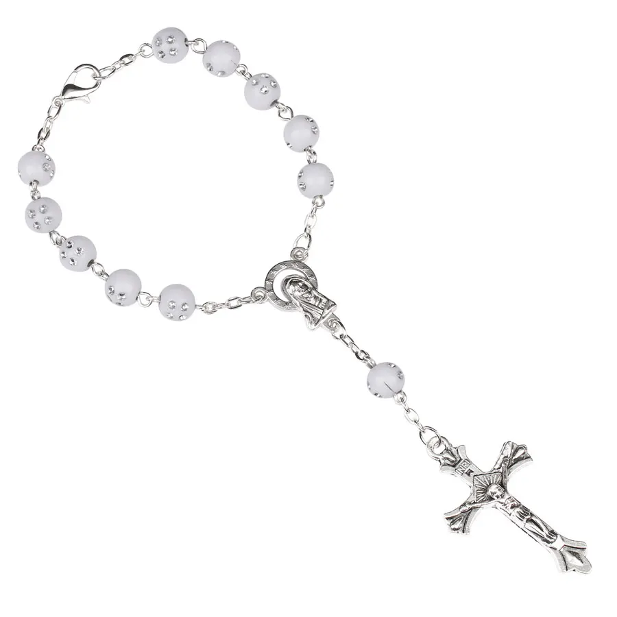 

NingXiang White Rosary Beads Christian One-Decade Rosary Bracelet Virgin Mary Centerpiece INRI Crucifix Auto Rosary DropShipping