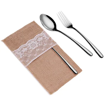 

100pcs Burlap Cutlery Holder Vintage Jute Lace Tableware Pouch Fork & Knife Storage Bag Party Table Decoration wen6461