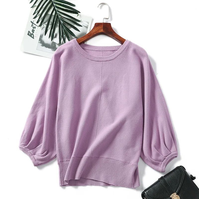 Женские пуловеры, вязаный свитер, базовый свитер с длинными рукавами и круглым вырезом, зимние свитера, шерстяные Повседневные вязаные топы размера плюс - Цвет: purple sweater