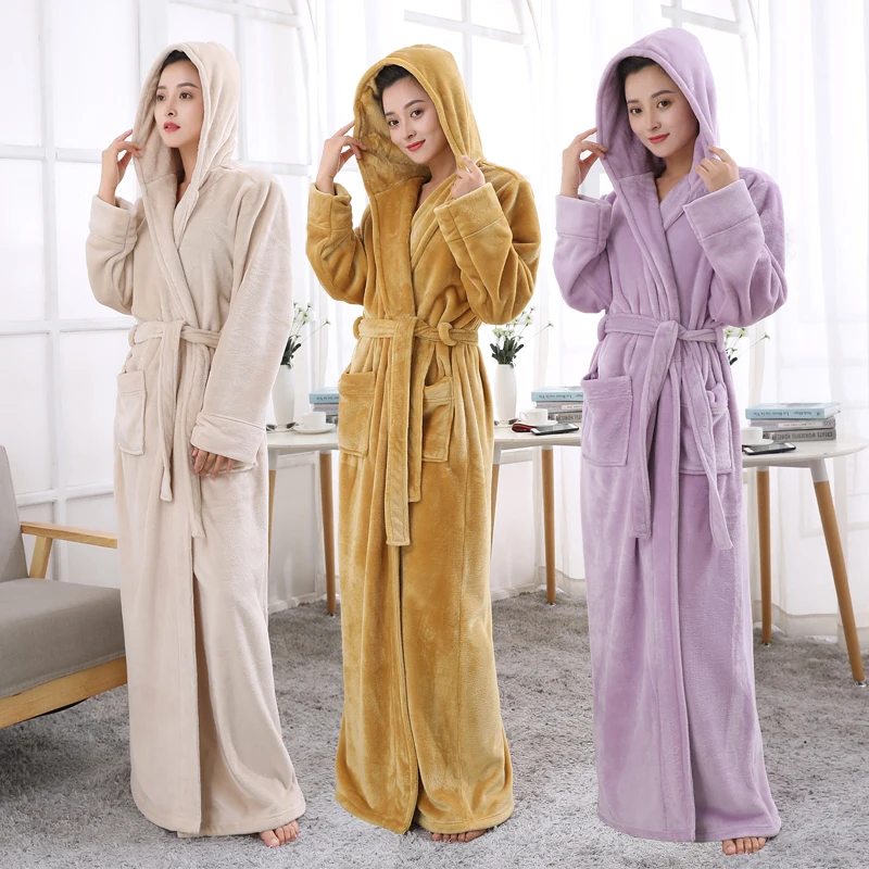 Preise Liebhaber Mit Kapuze Extra Lange Thermische Bademantel Frauen Männer Plus Größe Winter Verdickung Warmes Bad Robe Dressing Kleid Brautjungfer Roben
