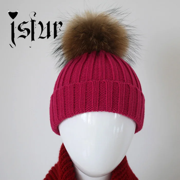 Детская зимняя вязаная шапка с меховым помпоном, 15 цветов - Цвет: ROSE