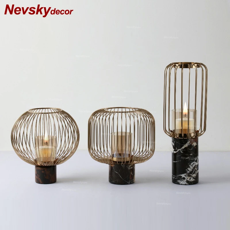 

Metal lanterne Candle Holders Lanterns Gold For Coffee Bar Wedding Decor Christmas marble Candle Holder bougeoir mariage