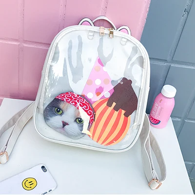 Lovely Cat Ear Leather Backpacks Candy Color Transparent Bag Teenage Girls Travel Bakpack Children Shoulder Bags School Itabag - Цвет: white