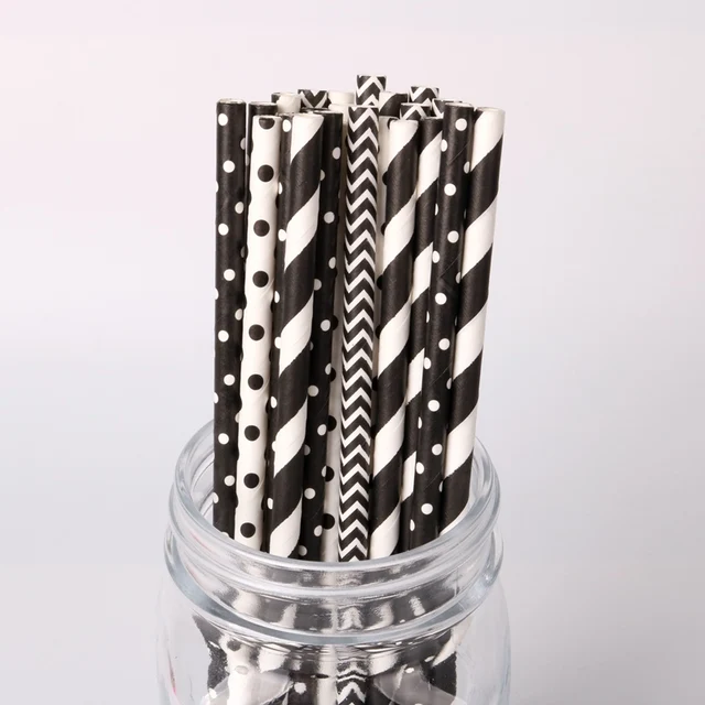 25pc Black White Striped Wave Paper Drinking Straws For Birthday Wedding Party Baby Shower Party Disposable Tableware Supplies