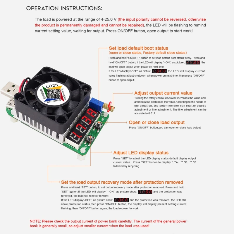 Новинка товар LD25 USB электронный нагрузочный цифровой дисплей тестер напряжения измеритель тока с охлаждающим вентилятором