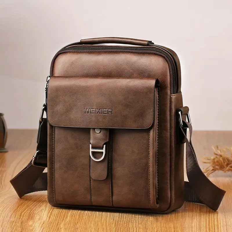 WEIXIER Messenger Bags PU Leather Men Designer High Quality New Fashion Shoulder Bag Casual Zipper Office Messenger Bags - Цвет: Dark Brown