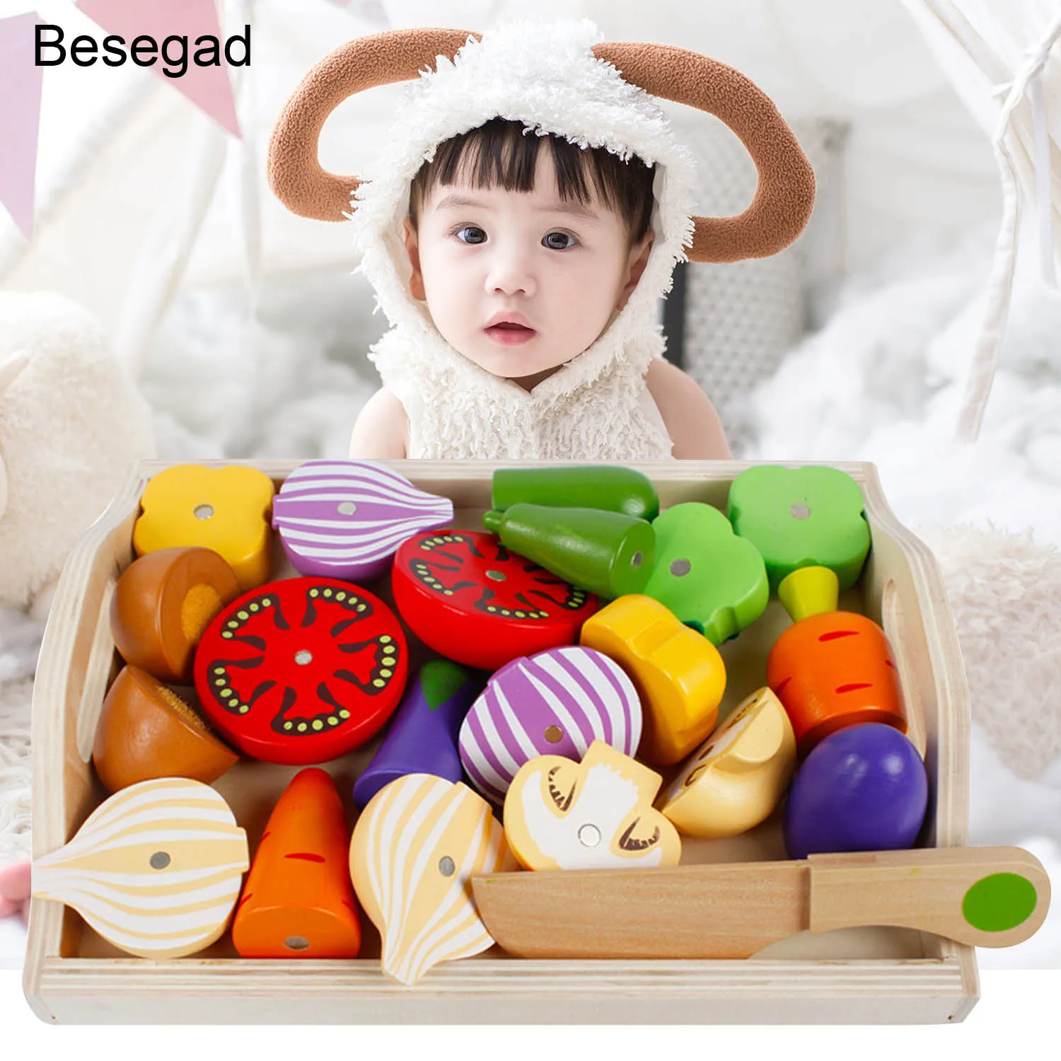 

Besegad DIY Kawaii Funny Cute Wooden Kitchen Vegetables Food Cutting Toy Set Kids Children Pretend Playset Role Playing Game Toy