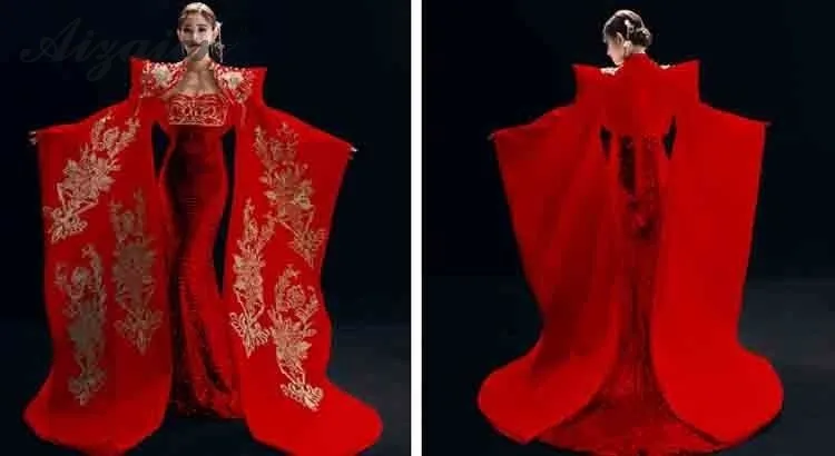 Oriental Стиль красный хост Ци Пао платья вышивка Чонсам с драконами современном этапе Show длинные Qipao Chinoise вечернее бальное платье в виде