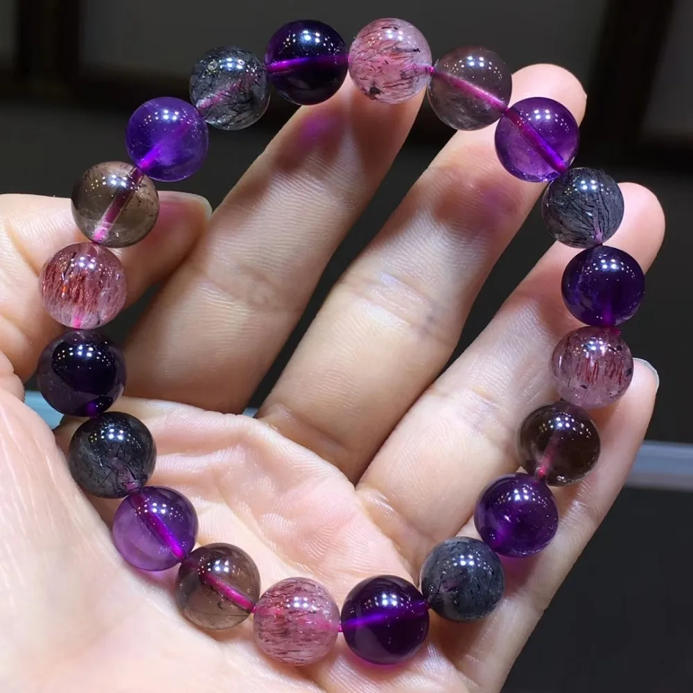 

Natural Lepidocrocite Purple Rutilated Quartz Super Seven 7 Woman Man Healing Round Beads 9.8mm Bracelets AAAAA Certificate