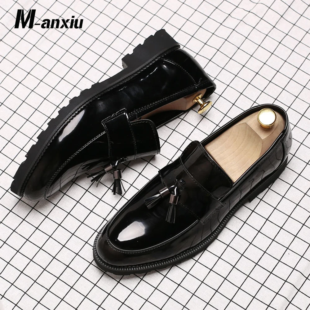M-anxiu/ мужские черные свадебные туфли; лоферы из лакированной кожи без застежки; повседневная обувь в деловом стиле; дышащие Туфли-оксфорды