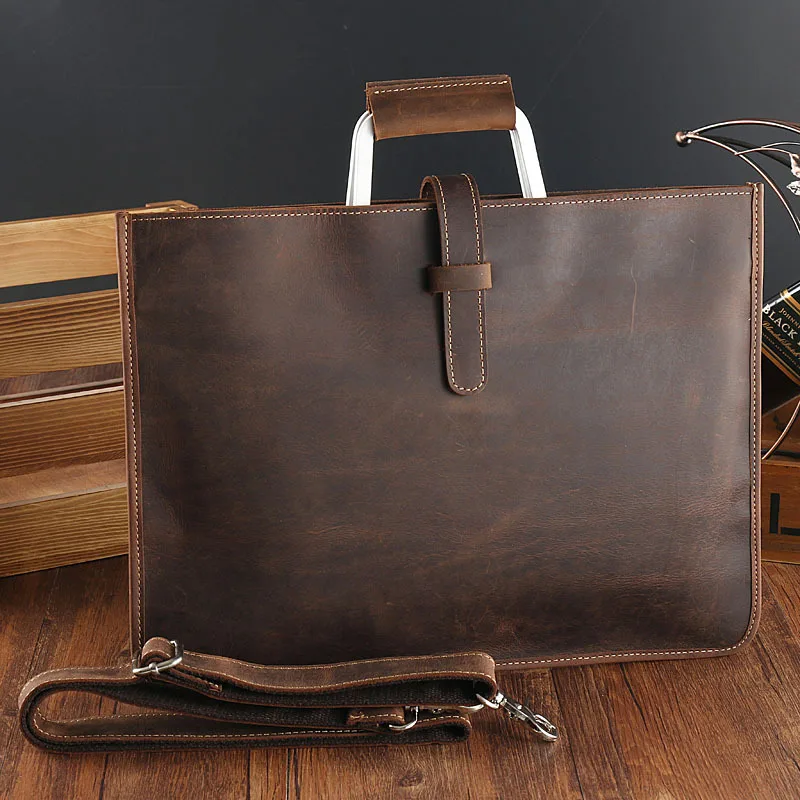 

2019 Crazy Horse Leather Men's Briefcase Messenger bag Brand Coffee Brown Real Genuine Leather Handbag Shoulder bags Male bag