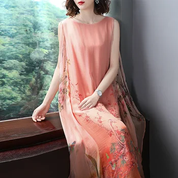

Summer New 2 Colors Slik Printing Dress Women's 0-neck Sleeveless Silkworm Slik Print Flower Loose Long Dress A-line Dress