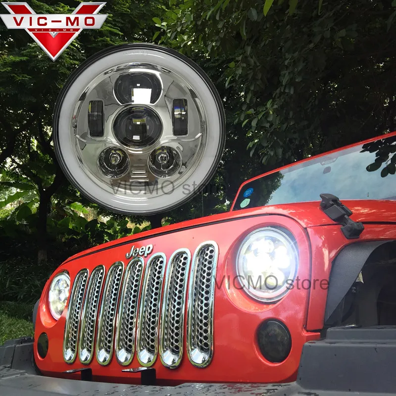 

7" Car Style H4 LED Front Driving Headlights Automobiles Turn Signal DRL Cromado Round Headlamps With Angel Eyes For Land Rover