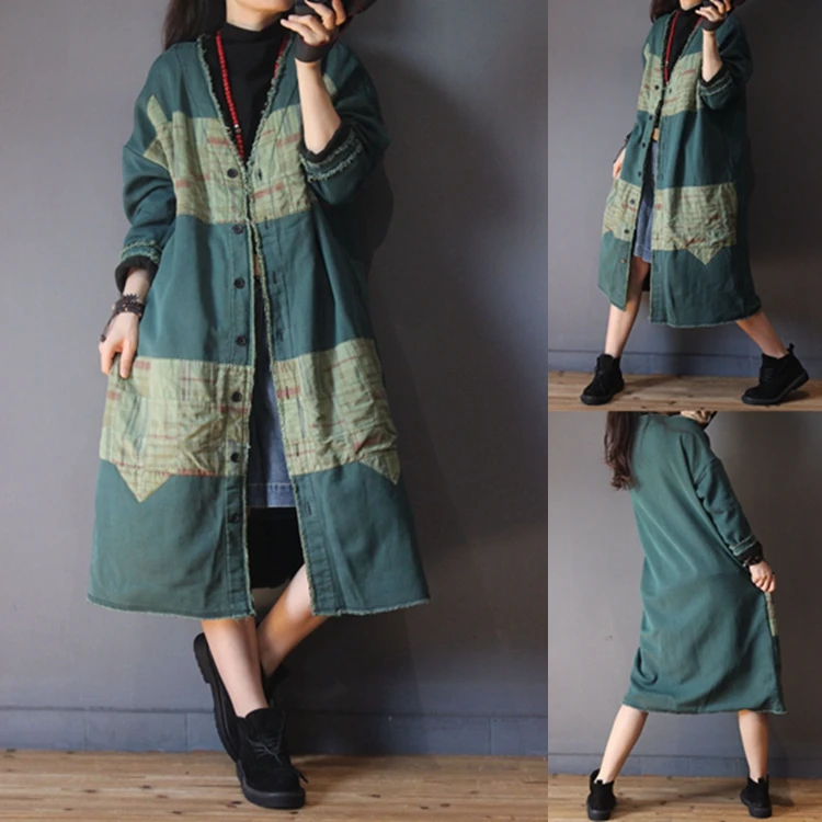 

Winter Women Casual All-match Loose Plus Size Vintage Print Patchwork Cotton Fleece Overcoats Outerwear