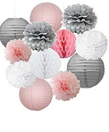 1361 12 Pièces Mélange Rose Gris Blanc Décoratif Papier Pompons Fleur Suspendus Papier Lanterne Nid Dabeille Boules Mariage Bébé Douche Décor In