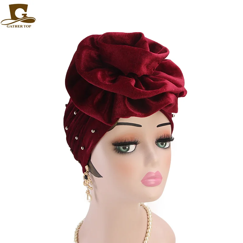 

New Women beaded king flower Turban Hair Accessories velvet turban Chemo Beanie Hat Ladies Muslim Scarf Cap for Hair Loss