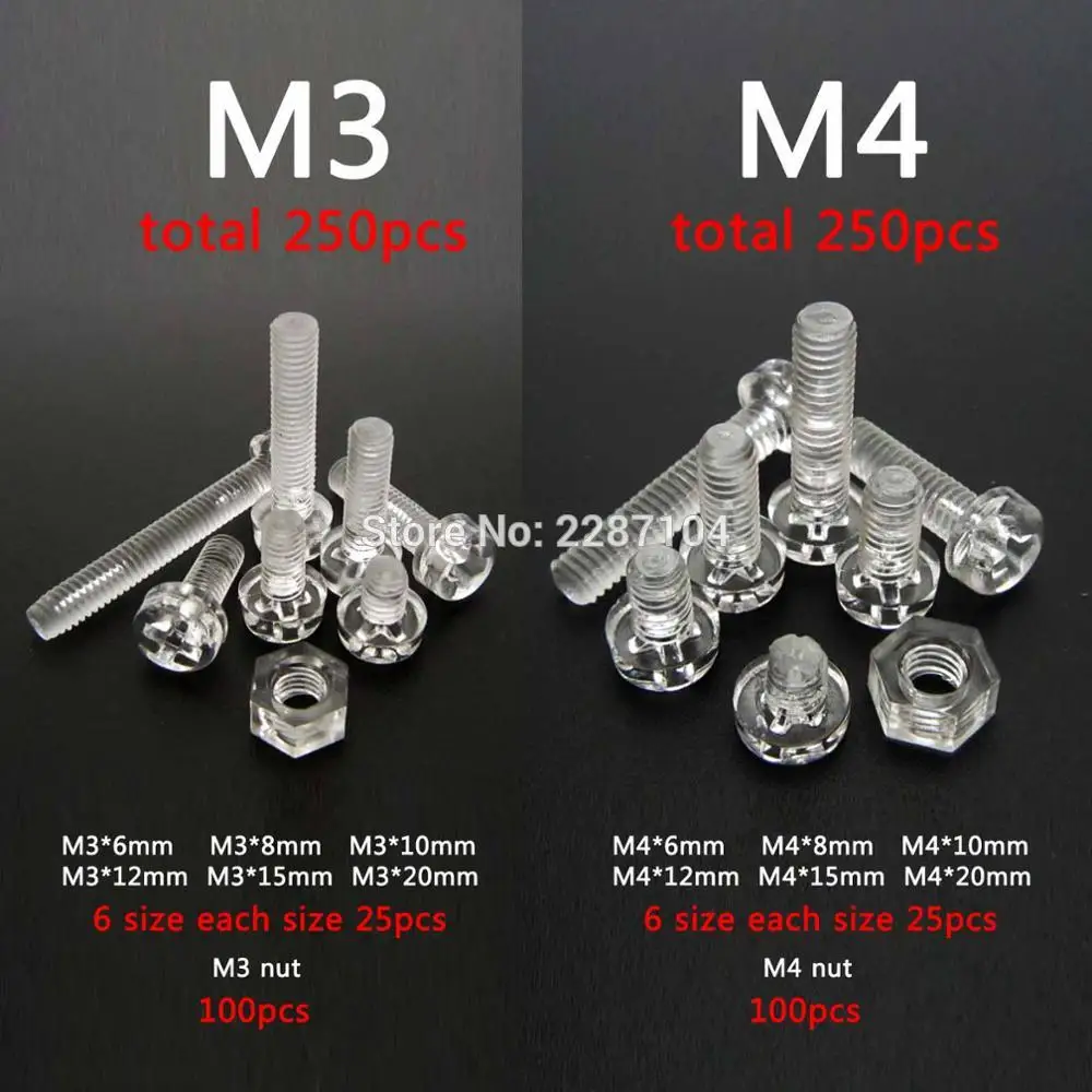 

1set 250pcs Assortment Kit Acrylic Clear Transparent Plastic Metric Threaded M3 M4 Phillips Pan Round Head Screw Bolt Hex Nut