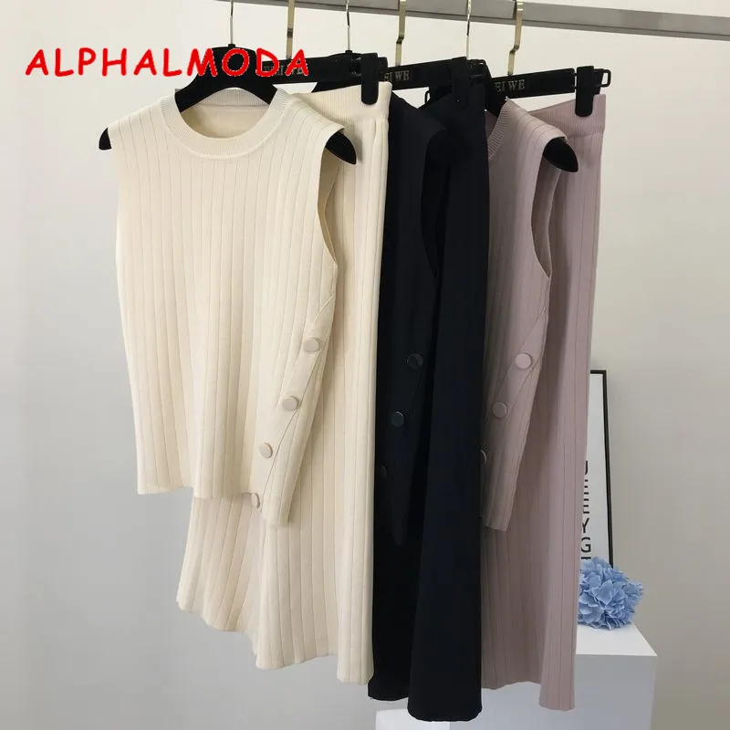 

ALPHALMODA 2019 Summer Women Sleeveless Side Button Knitted Vest + Fashion Broad-legged Trousers 2pcs Casual Knit Pants Sets