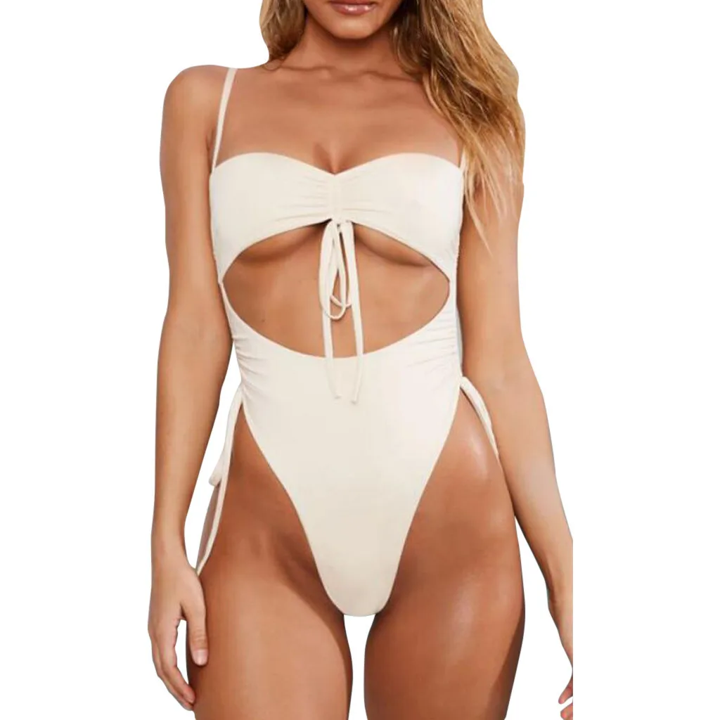 One-Piece Suit 2019 Women Conjoined Swimsuit Motion Bandage Pure Color Integral Type Bikini Swimwear Women Suit W3041
