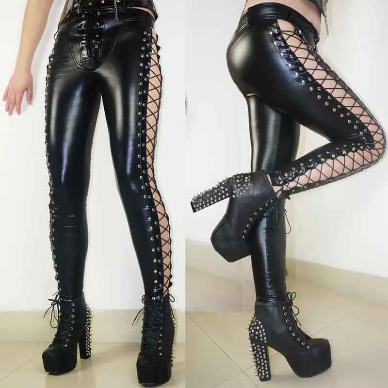

Sexy Slim Leggins Woman Leggings Faux Leather PVC Side Lace-Up Leggings Fashion Punk Clubwear Leggings Women Black Pants