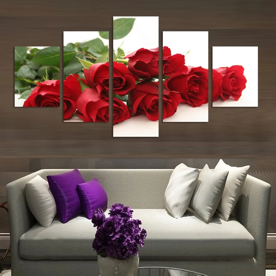 

Printed Modular Picture Large Canvas 5 Panel Rose Flowers Framework Painting For Bedroom Living Room Home Wall Art Decoration