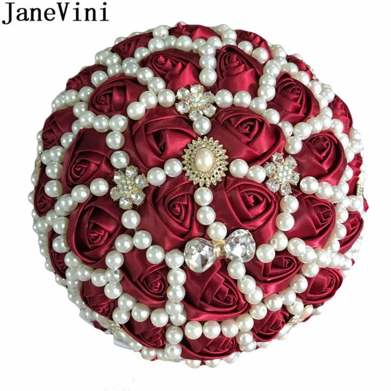 JaneVini Luxury Flores Burgundy Bridal Pearl Wedding Bouquets Beaded Satin Rose Ribbon Artificial Bride Bouquet Flower Custom