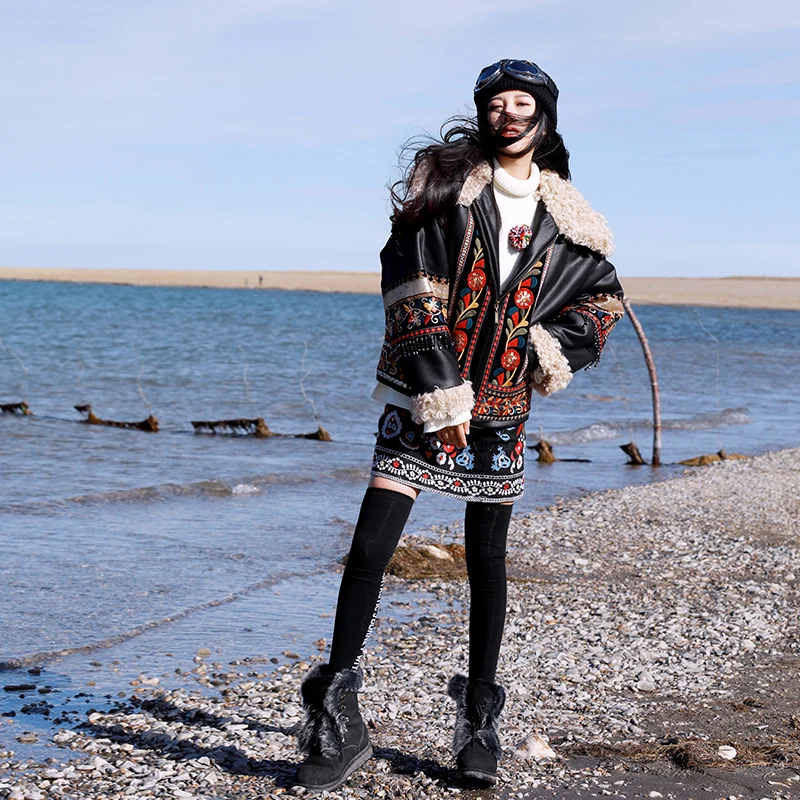 New  Jessica's Store Winter Women Exotic Vintage Loose Embroidery Tassel PU Leather lambswool Patchwork