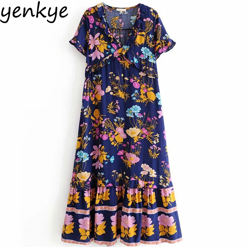 

Women Vintage Floral Print Holiday Summer Long Dress Lady Short Sleeve V Neck High Waist Plus Size Casual Dress Ruffle vestidos