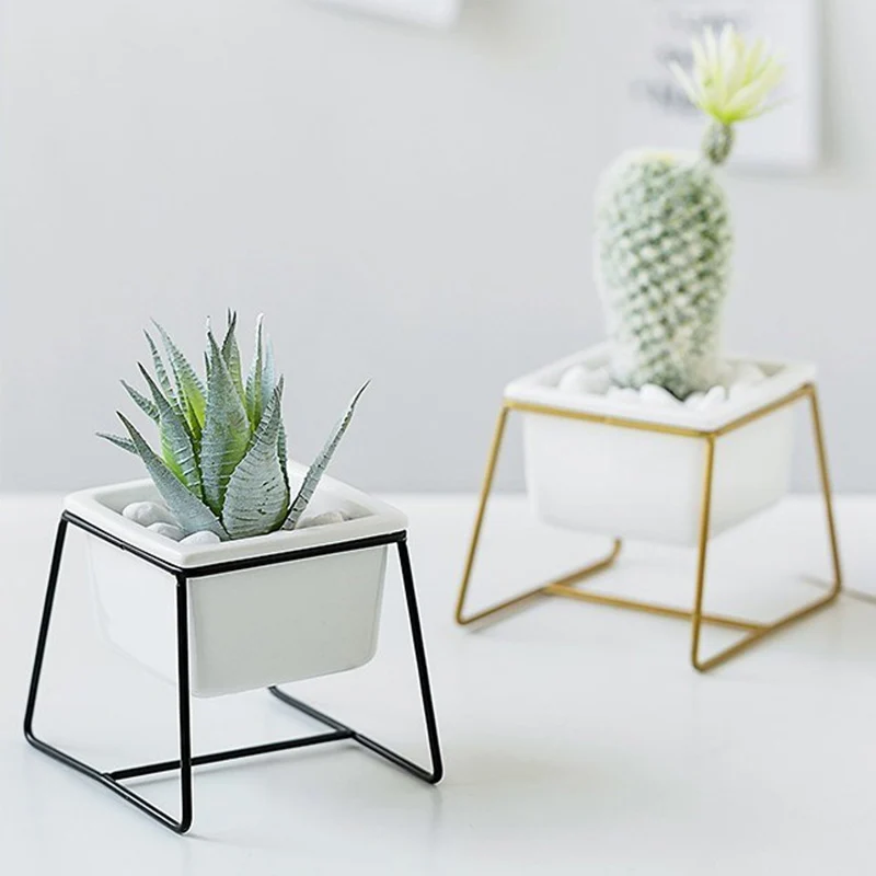 

Nordic Minimalist Ceramic Flower Pots Art Potted Succulent Plant Pots with Iron Metal Shelf Home Desktop Decor Fairy Garden