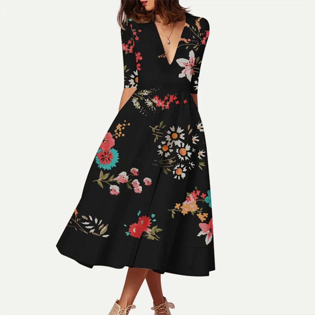 

Sexy Dresses Women Summer Floral Print Elegant V-neck Half Sleeve Party Dress Boho Ladies A-Line Dress Vestidos Robe Plus Size