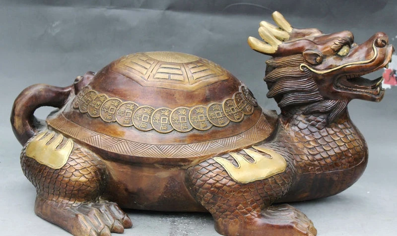 

19" Old China Bronze FengShui Wealth Coin Eight Diagrams Dragon Turtle Statue