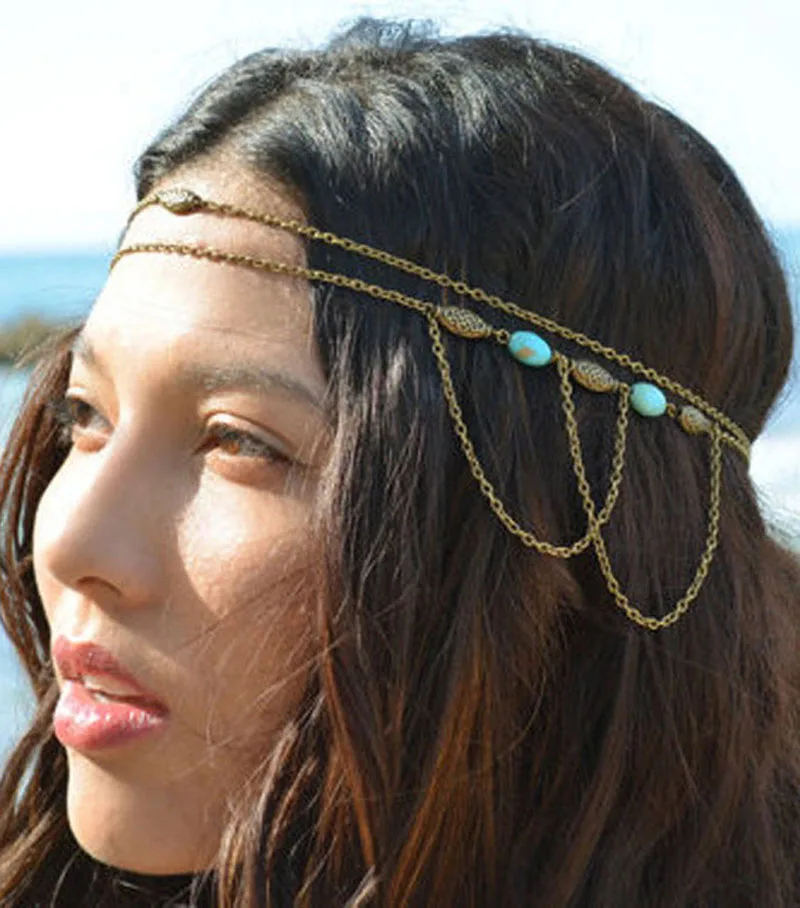 Ethnic Boho Hair Jewelry Chain Tassels Headbands Layers Chain Hair