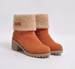 Для женщин замшевые зимние сапоги теплая обувь с хлопчатобумажными стельками на среднем каблуке обувь Плюшевые Ботинки женские большие