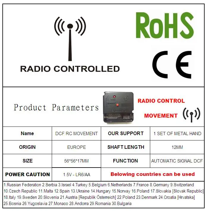 Вал 12 мм кварц Европа DCF автоматический механизм RC радиоуправляемые настенные часы машина включая Металлические стрелки