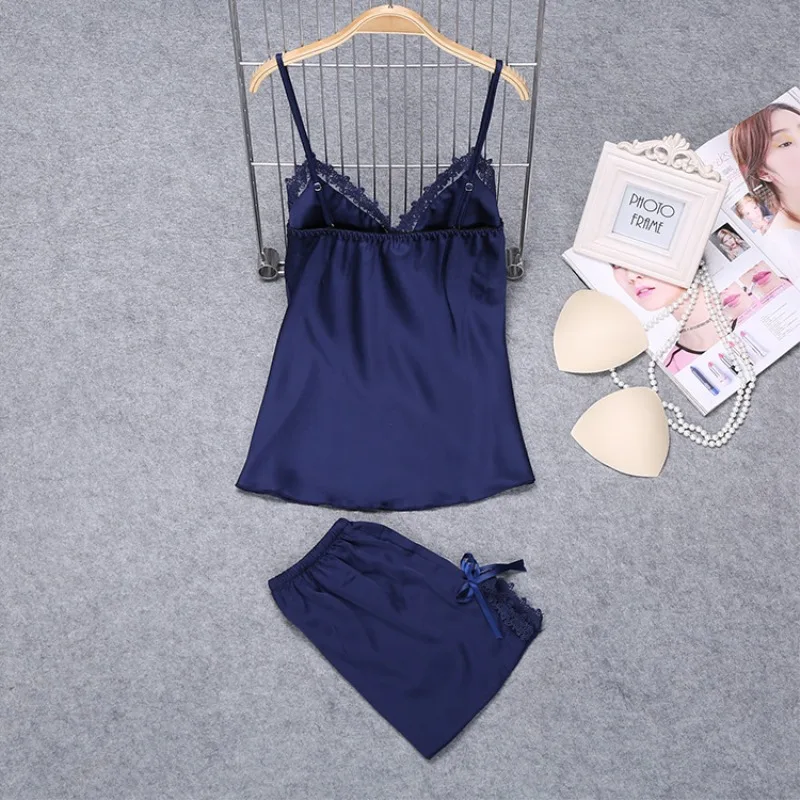 Satin Sexy Pajamas Sleeveless Summer Pajamas Women Plus Size Pajama Set with Chest Pad V Neck Silk Pajama Women Sleepwear Set 49