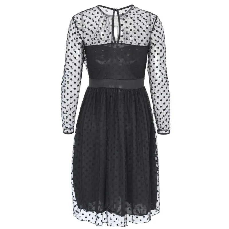 Elegant Style Polka Dot Pattern Sheer Panel&Cover High Waist Black Dress W850449 (5)