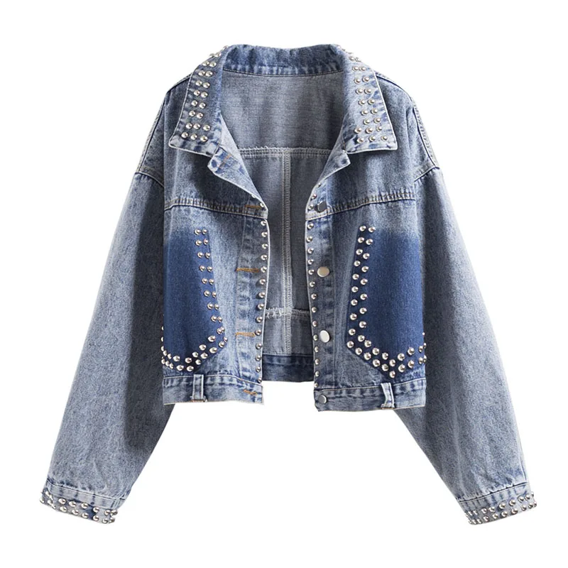 

PERHAPS U women denim jacket short rivet blue black pocket patchwork C0100