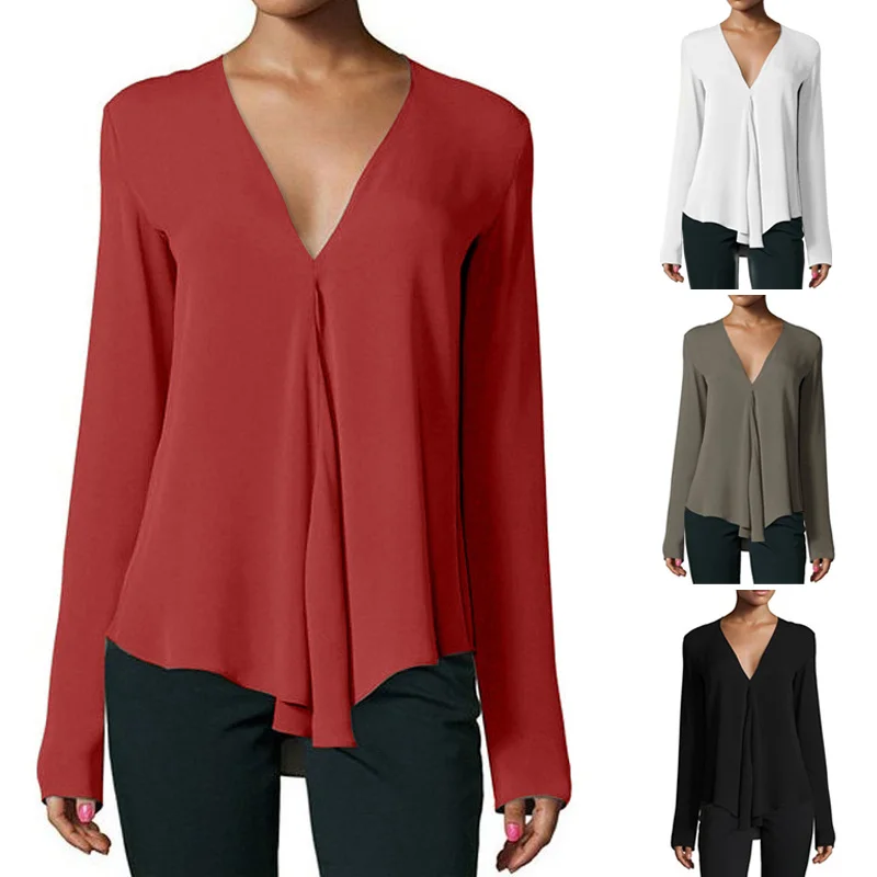 

Newly Spring Autumn Women Chiffon Shirt Long Sleeve Blouse Sexy V Neck Solid Color Tops Office Lady Shirts DOD886